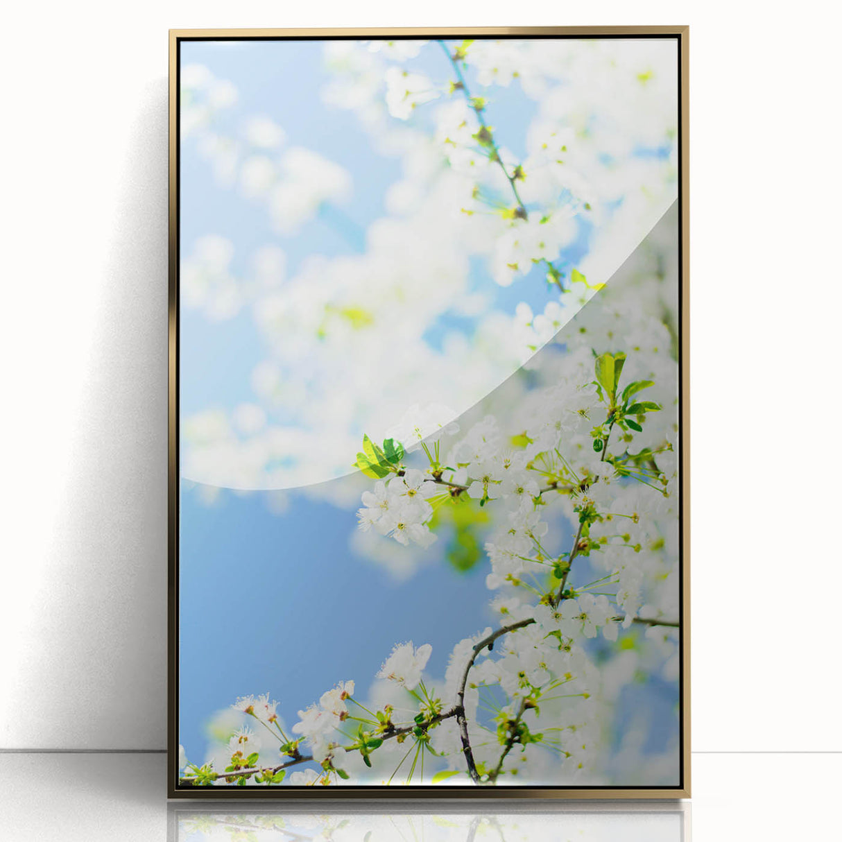 Large art print of a spring scene with pastel colors on a framed acrylic, mid-century modernist style.