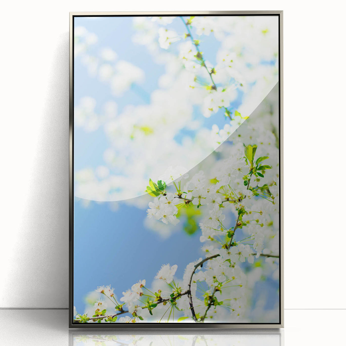 Mid-century modernist art depicting spring season in pastel shades on a silver-framed acrylic, suitable for nursery wall art.
