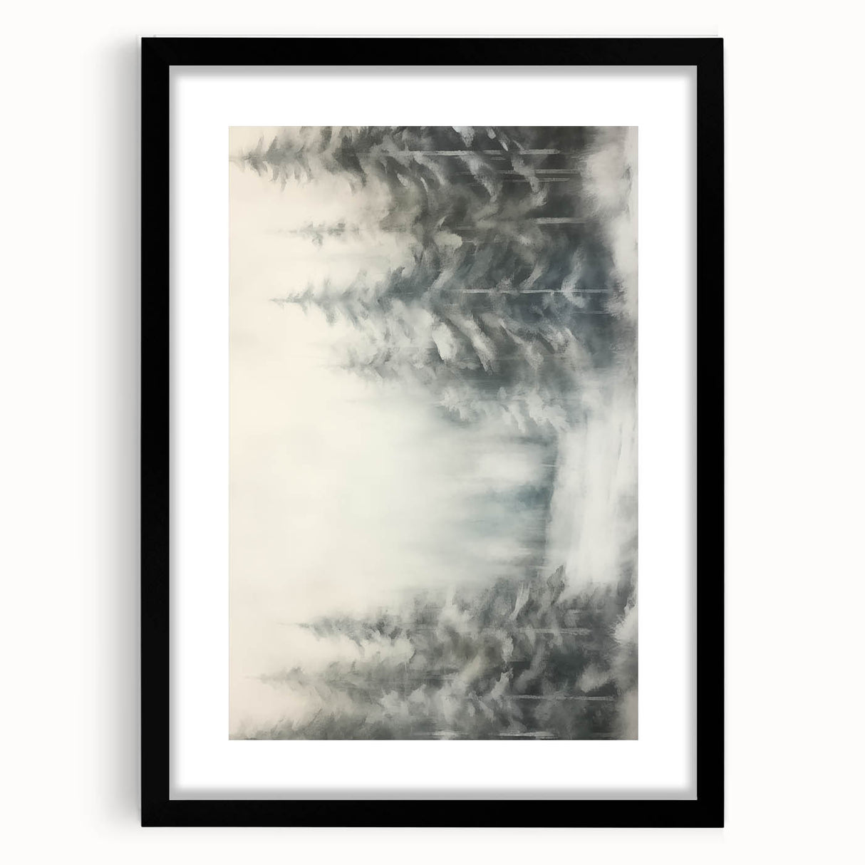 Abstract art print featuring textured swirls of blue and white, framed in black, ideal for living room decor.