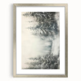 Textured abstract art print depicting winter, in muted blue and white tones, framed in silver, ideal for bedroom decor.