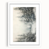 Abstract art print featuring winter-themed design in cool blue and white tones, framed with a white mat.