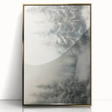 Mid-century modernist winter scene in muted blue and white tones on a framed acrylic, ideal for modern art wall decor.