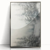 Mid-century modernist winter scene in muted blue and white, framed acrylic, ideal for nursery wall decor.