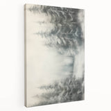 Winter scene with bare trees on a large stretched canvas, using muted gray and blue tones, suitable for kitchen wall art.