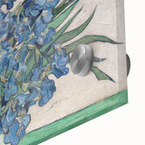 Large abstract wall art print on acrylic glass, featuring mid-century modernist swirls in blue and yellow tones.