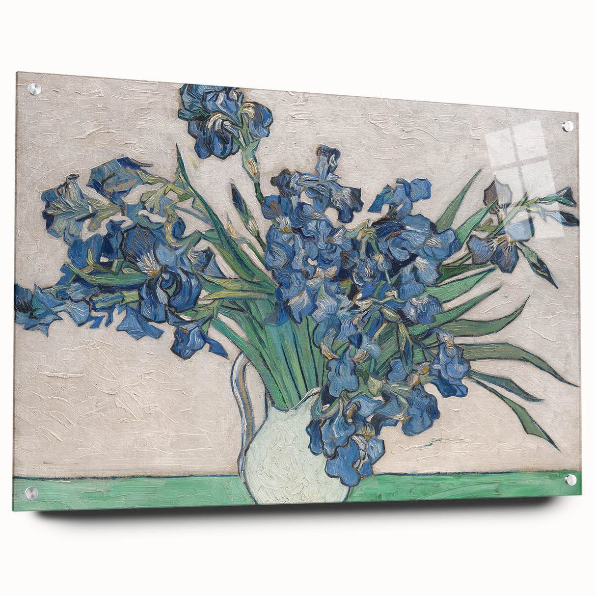 Large abstract wall art on acrylic glass depicting dynamic swirls in blue and yellow tones.
