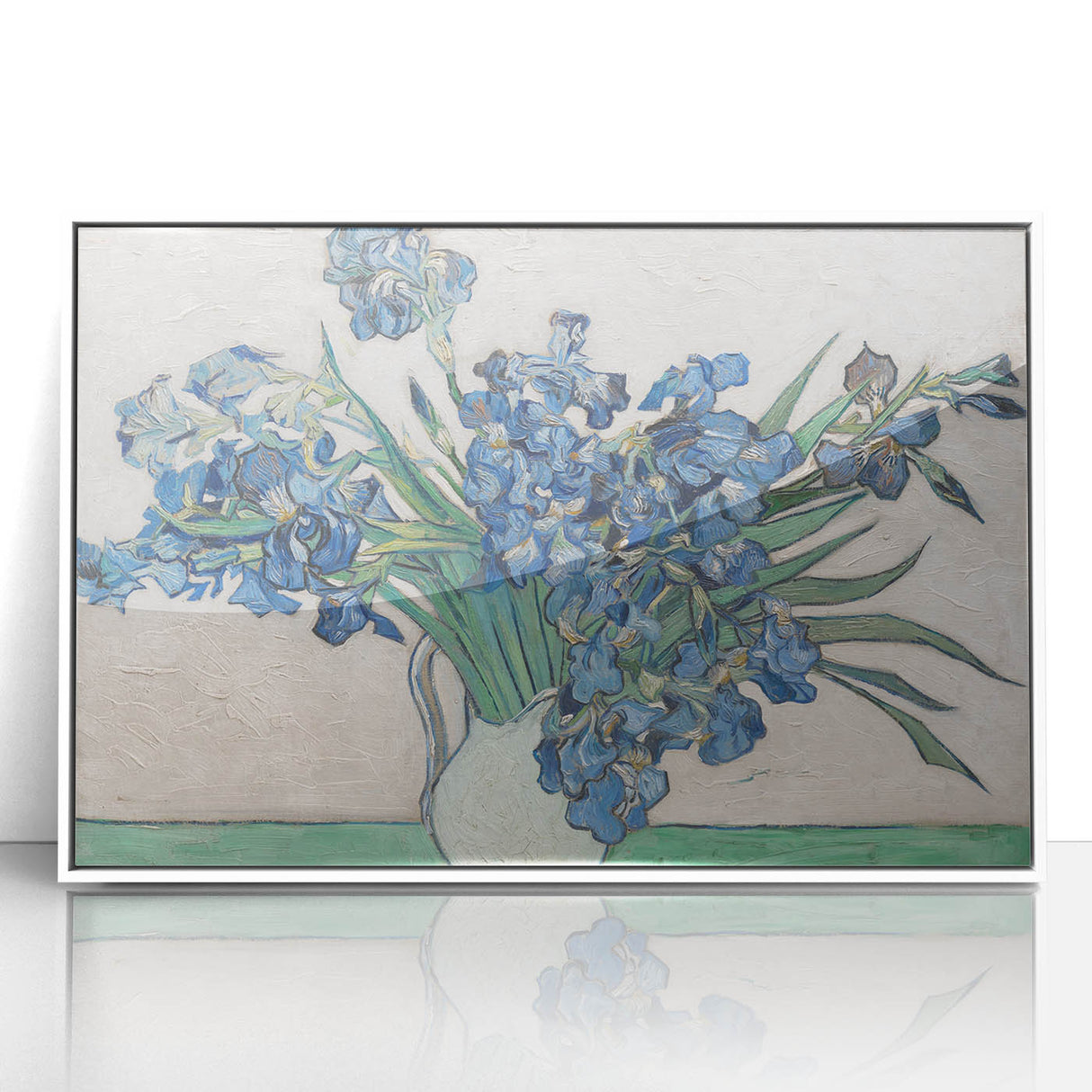 Mid-century modernist art of a starry night sky in vibrant blues and yellows on a white framed acrylic.