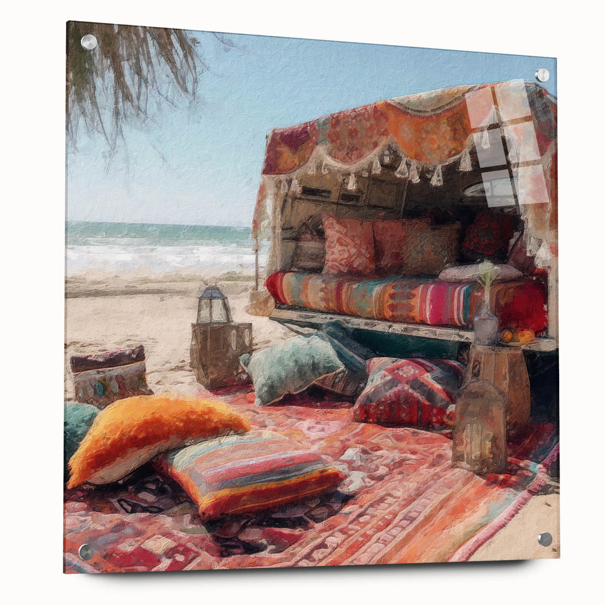 Side view of a caravan depicted in a large abstract wall art on acrylic glass, featuring neutral and earth tones.