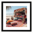Extra large abstract art print featuring a textured, colorful caravan design on a black framed canvas.
