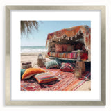 Textured art print of an abstract caravan in muted earth tones on a framed silver mat, suitable for bedroom decor.