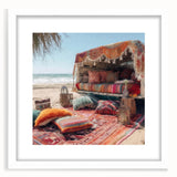 Abstract art print of a caravan in muted earth tones on a white framed mat, ideal for dining room decor.