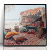 Large abstract wall art featuring a mid-century modernist style caravan in black and white, acrylic print framed.