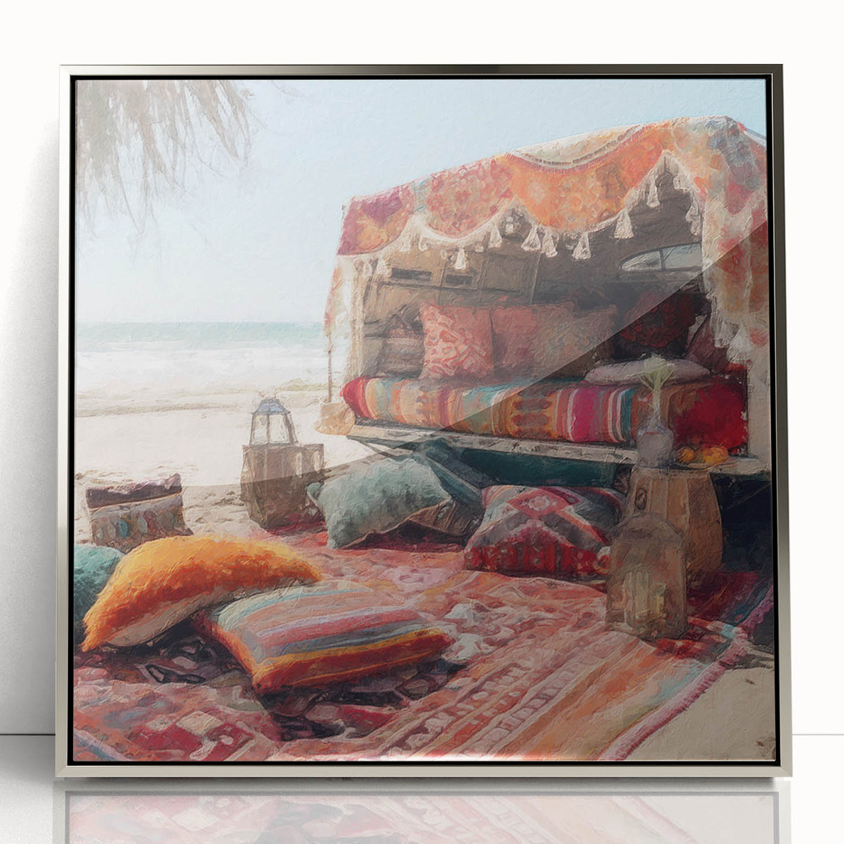 Mid-century modernist art depicting a silver caravan on acrylic print, suitable for modern art wall decor.