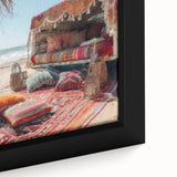 Extra large black wall art featuring a textured caravan design with colorful accents on framed canvas.
