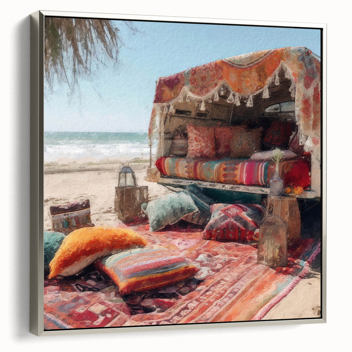 Framed canvas depicting a vintage caravan in a landscape, rendered in black with colorful accents.