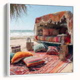 Vintage poster art of a colorful caravan on a black background, framed canvas, ideal for living room decor.