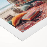 Art deco poster featuring a vintage caravan in muted earth tones on a rolled canvas, suitable for dining room decor.