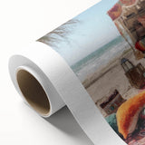 Art deco poster featuring a colorful caravan of vehicles on rolled canvas, ideal for nursery wall art.