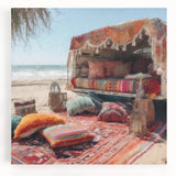 Large black and white stretched canvas featuring a caravan, ideal for kitchen wall art.