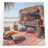 Black and white stretched canvas featuring a caravan of vehicles, suitable as large art for kitchen or bedroom.