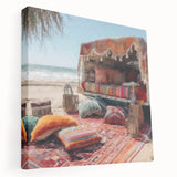 Side view of a caravan depicted in muted earth tones on a stretched canvas, suitable for kitchen wall art.