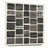 Abstract minimalist acrylic design featuring a side view of a glass artwork with decorative pins, showcasing a blend of soft colors and sleek lines, perfect for modern decor.