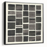 Framed minimalist abstract canvas artwork in black, showcasing clean lines and modern design. Perfect for contemporary home decor or office spaces.