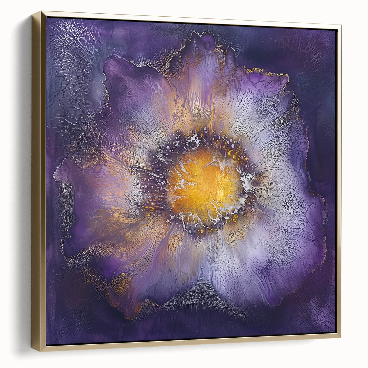 Framed minimalist abstract canvas artwork in silver and gold tones, showcasing a modern design perfect for contemporary home decor. Ideal for enhancing living spaces or office environments with its elegant and sophisticated aesthetic.