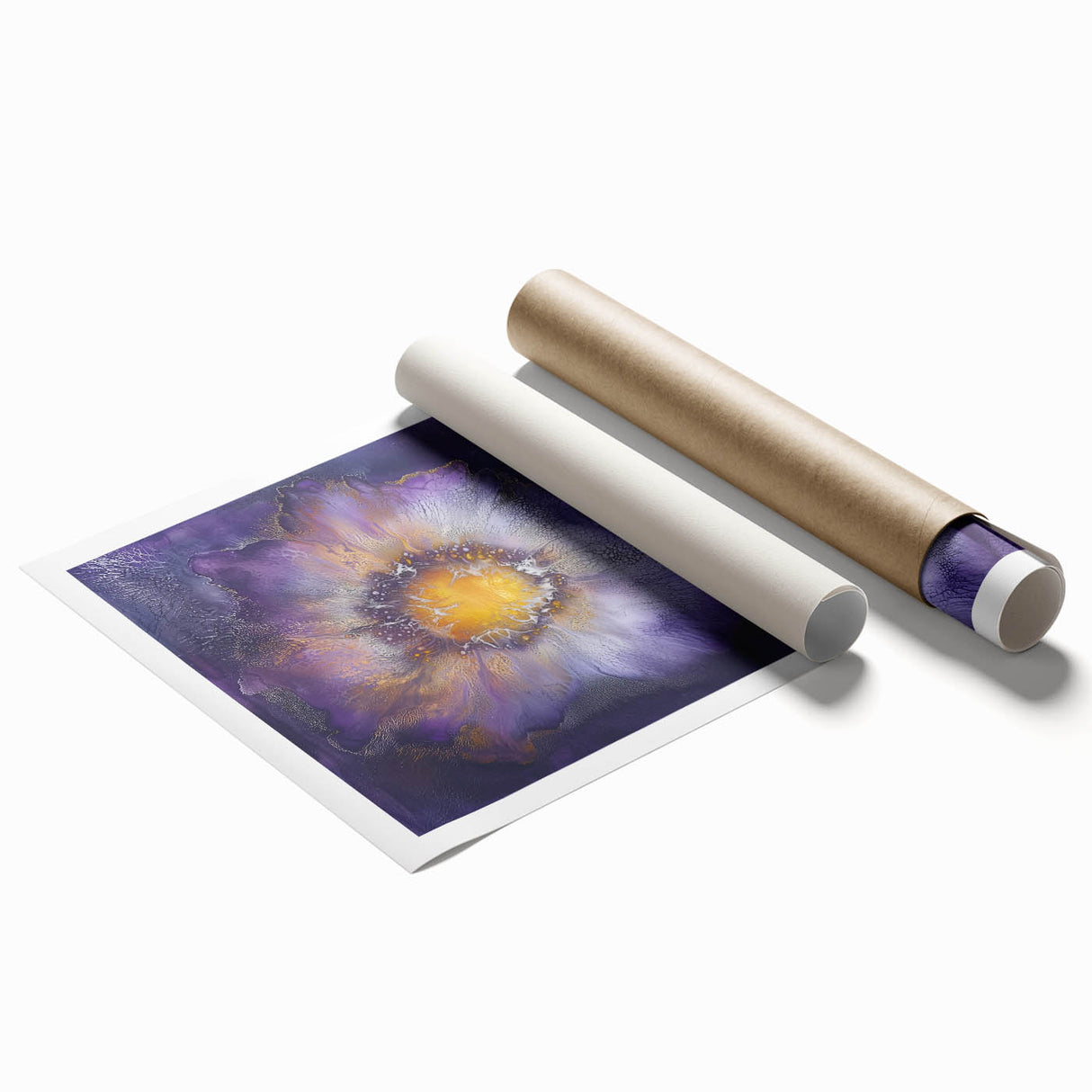 Abstract minimalist rolled print featuring soft pastel colors and geometric shapes, elegantly designed for modern decor. Packaged securely in a protective cardboard tube for safe shipping and display. Ideal for contemporary home or office styling.