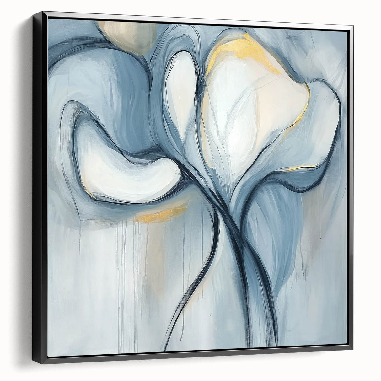 Abstract minimalist framed canvas artwork showcasing a sleek black design, captured from a side view to highlight its modern aesthetic and elegant frame. Ideal for contemporary decor.