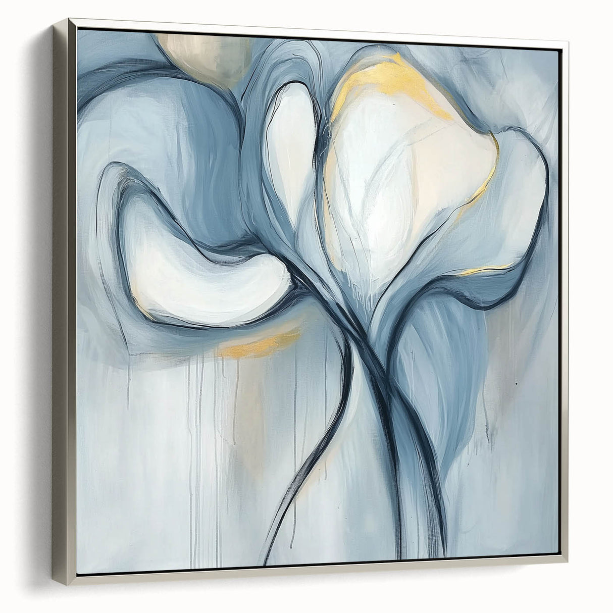 Framed minimalist abstract canvas art in silver frame, showcasing a sleek side view with subtle textures, perfect for modern home decor enhancement.