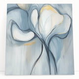 Abstract minimalist stretched canvas artwork featuring soft pastel colors and geometric shapes, elegantly leaning against a neutral wall for a modern decor aesthetic.