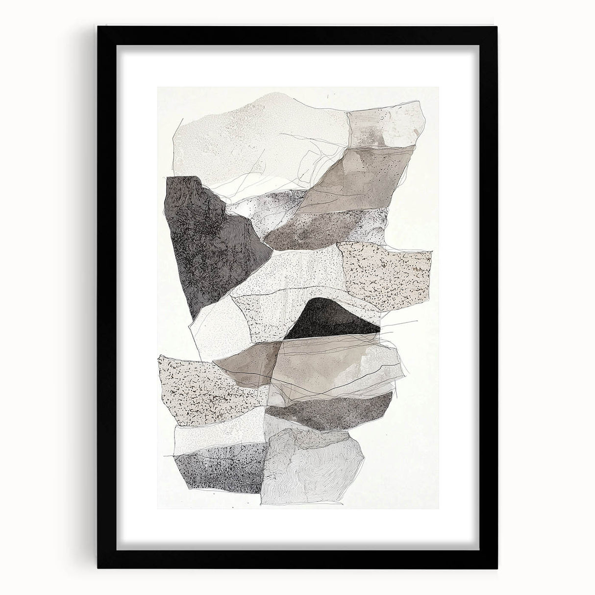 Minimalist framed artwork with a black mat, showcasing an abstract design in neutral tones, ideal for modern home decor and art enthusiasts.