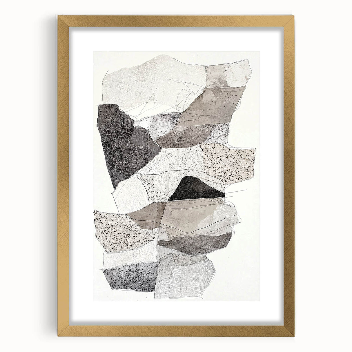 Abstract minimalist wall art framed in gold, featuring geometric shapes and soft colors, perfect for modern decor or gallery walls. Ideal for stylish interior design.