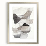 Abstract minimalist framed artwork with a silver mat, showcasing geometric shapes and soft colors, ideal for modern decor in living spaces or offices.
