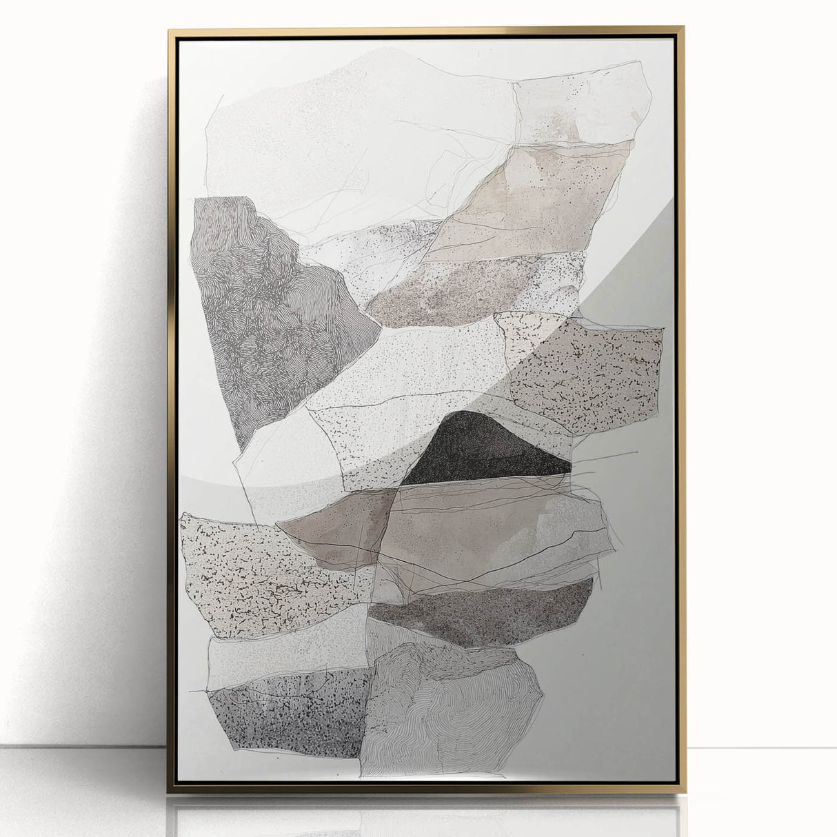 Framed minimalist abstract art piece featuring a gold-acrylic design on a neutral background, perfect for modern home decor. Ideal for adding elegance to any space.