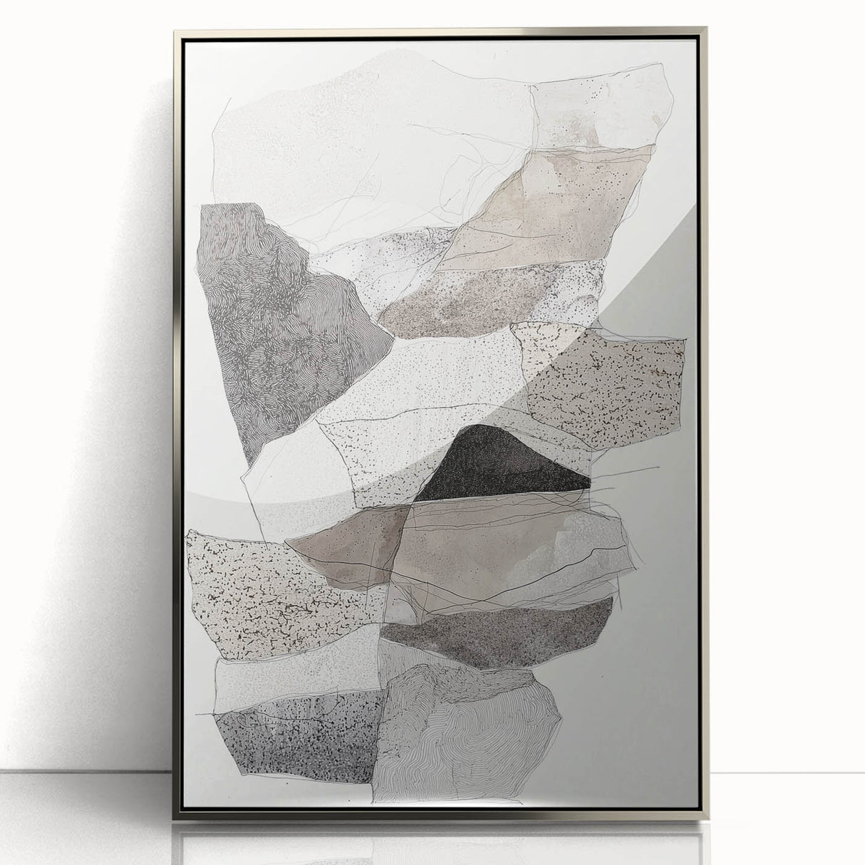 Framed abstract minimalist wall art in silver acrylic, showcasing soft geometric shapes and a serene color palette, ideal for modern home decor.