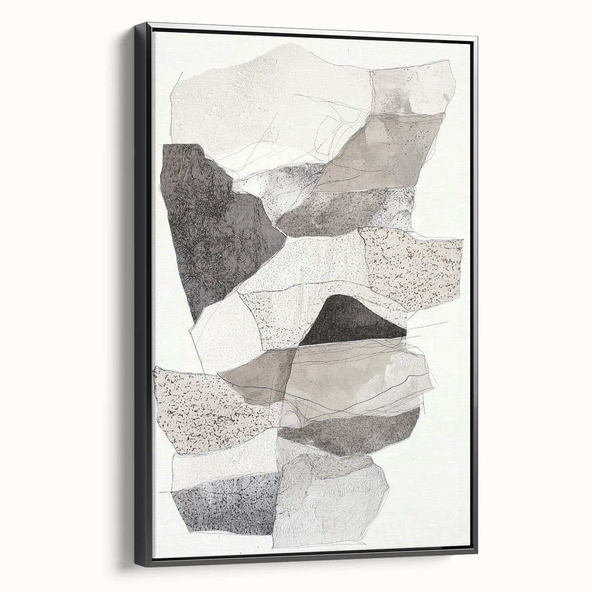 Framed minimalist black abstract canvas artwork showcasing sleek lines and geometric shapes, presented from a side view against a neutral background, ideal for modern decor.