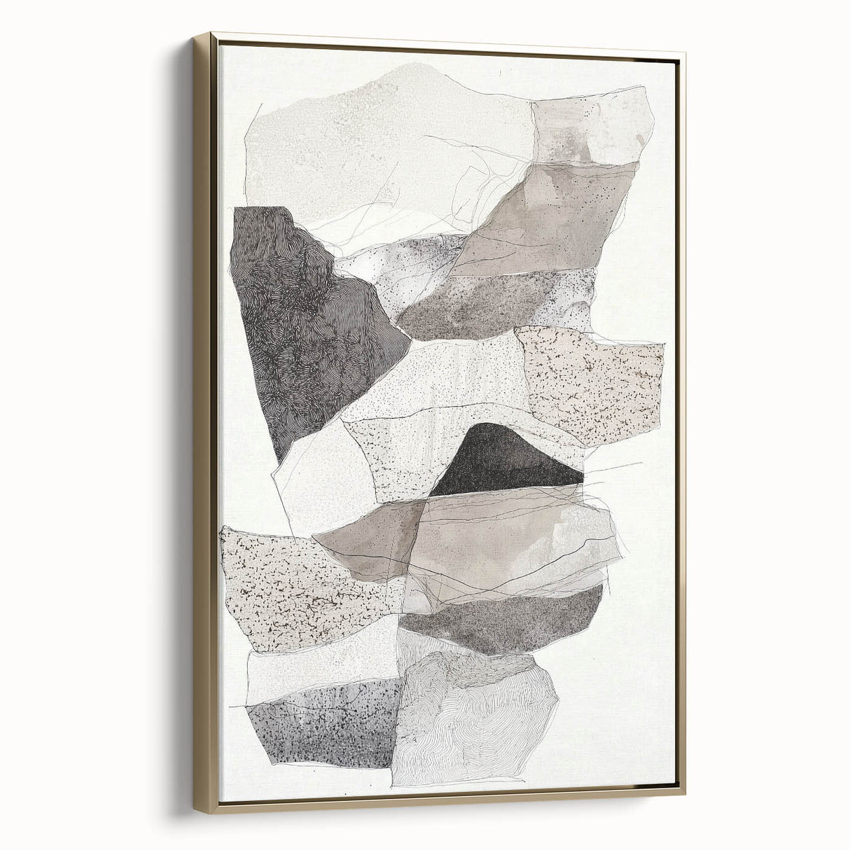 Framed abstract minimalist canvas artwork with a gold frame, showcasing elegant geometric patterns and a sophisticated color palette, ideal for modern decor.
