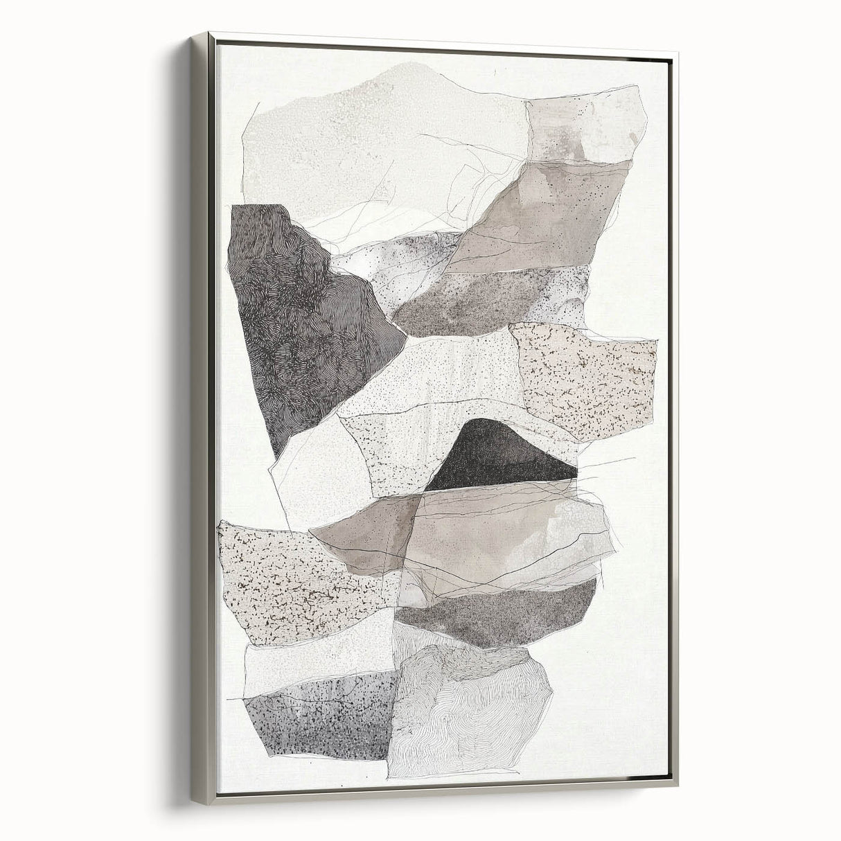 Framed minimalist abstract canvas art in silver frame, showcasing soft geometric patterns in muted tones, ideal for modern home decor.
