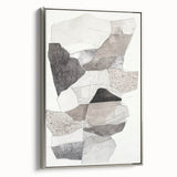 Framed minimalist abstract canvas art in silver frame, showcasing soft geometric patterns in muted tones, ideal for modern home decor.