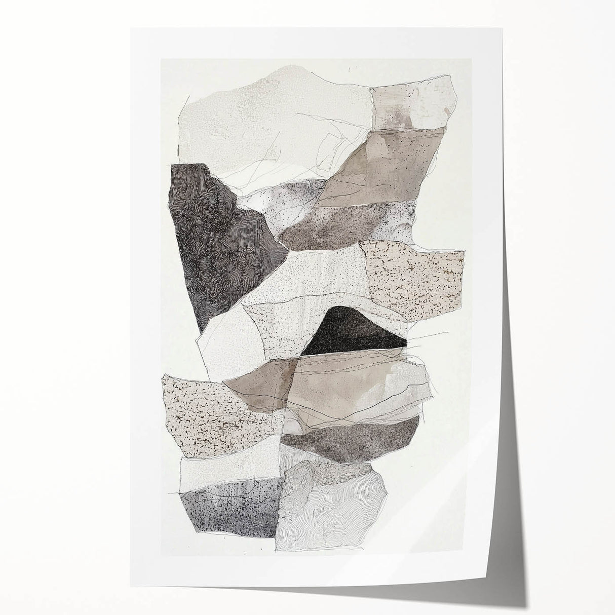 Abstract minimalist rolled canvas print featuring soft pastel colors and geometric shapes, elegantly packaged for easy display and protection.