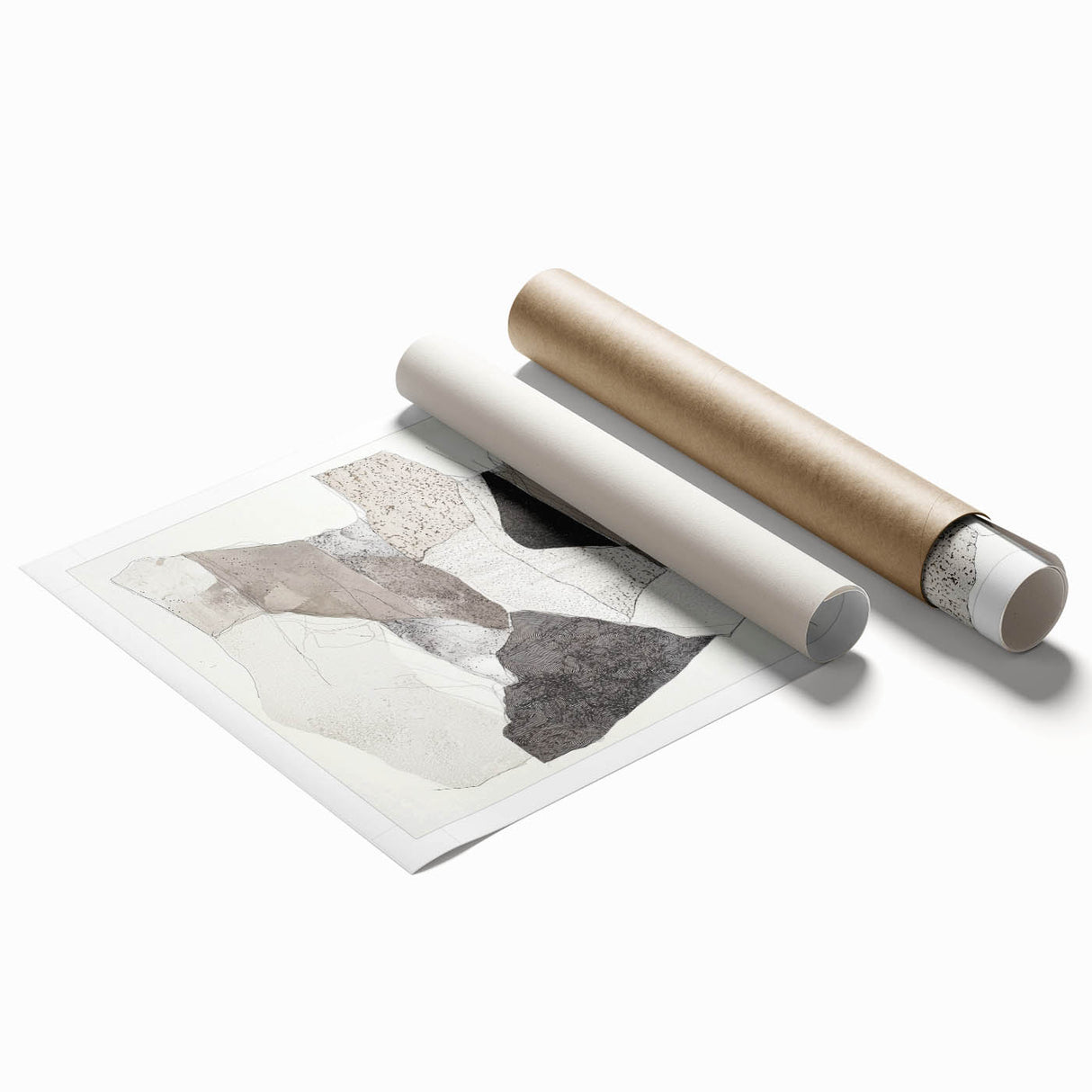 Abstract minimalist rolled print showcasing a blend of soft pastel colors, featuring geometric shapes and fluid lines, perfect for modern home decor.