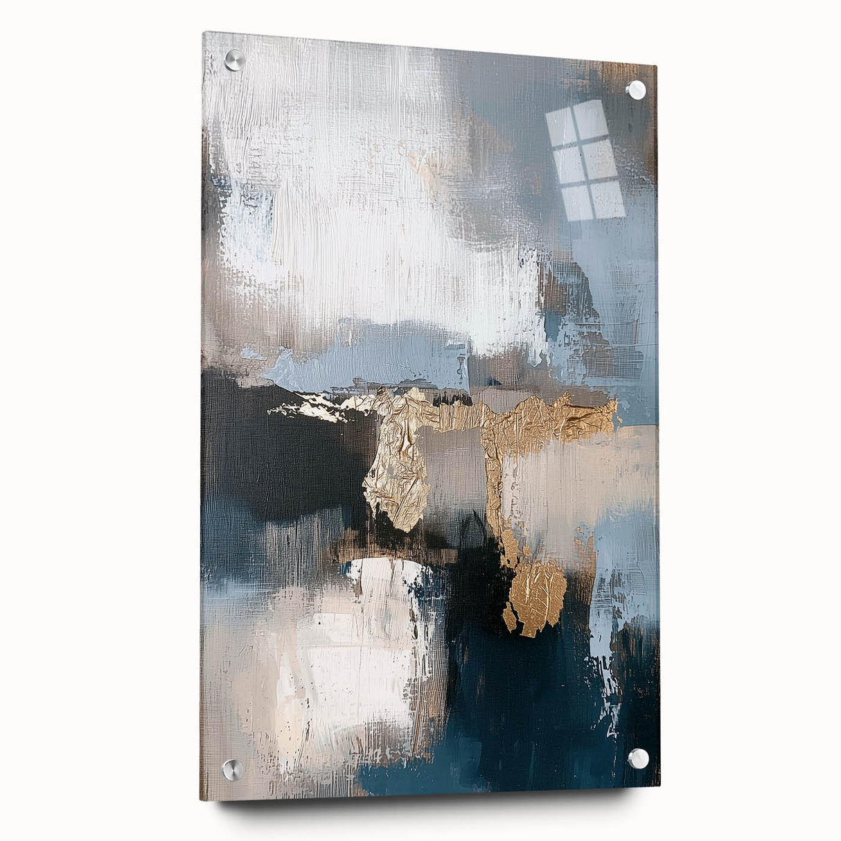 Abstract minimalist acrylic glass artwork displayed from a side view, showcasing vibrant colors and geometric shapes, mounted with stylish pins for a modern aesthetic.