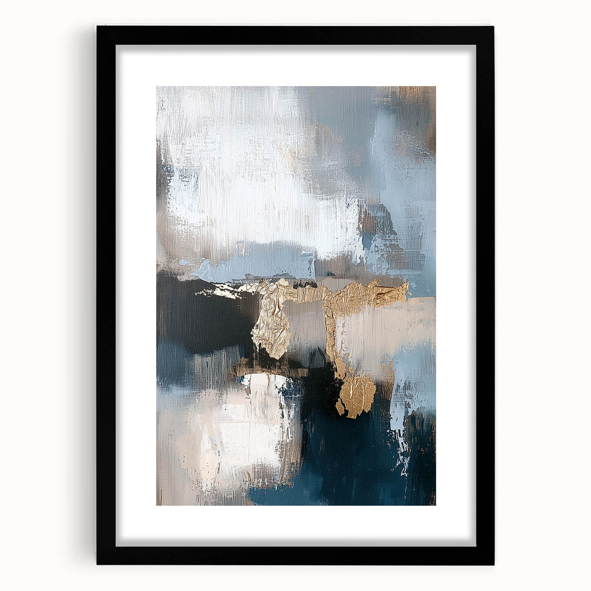 Minimalist abstract art print in a black frame with a mat, showcasing geometric shapes in muted tones. Ideal for modern home decor and artistic interiors.