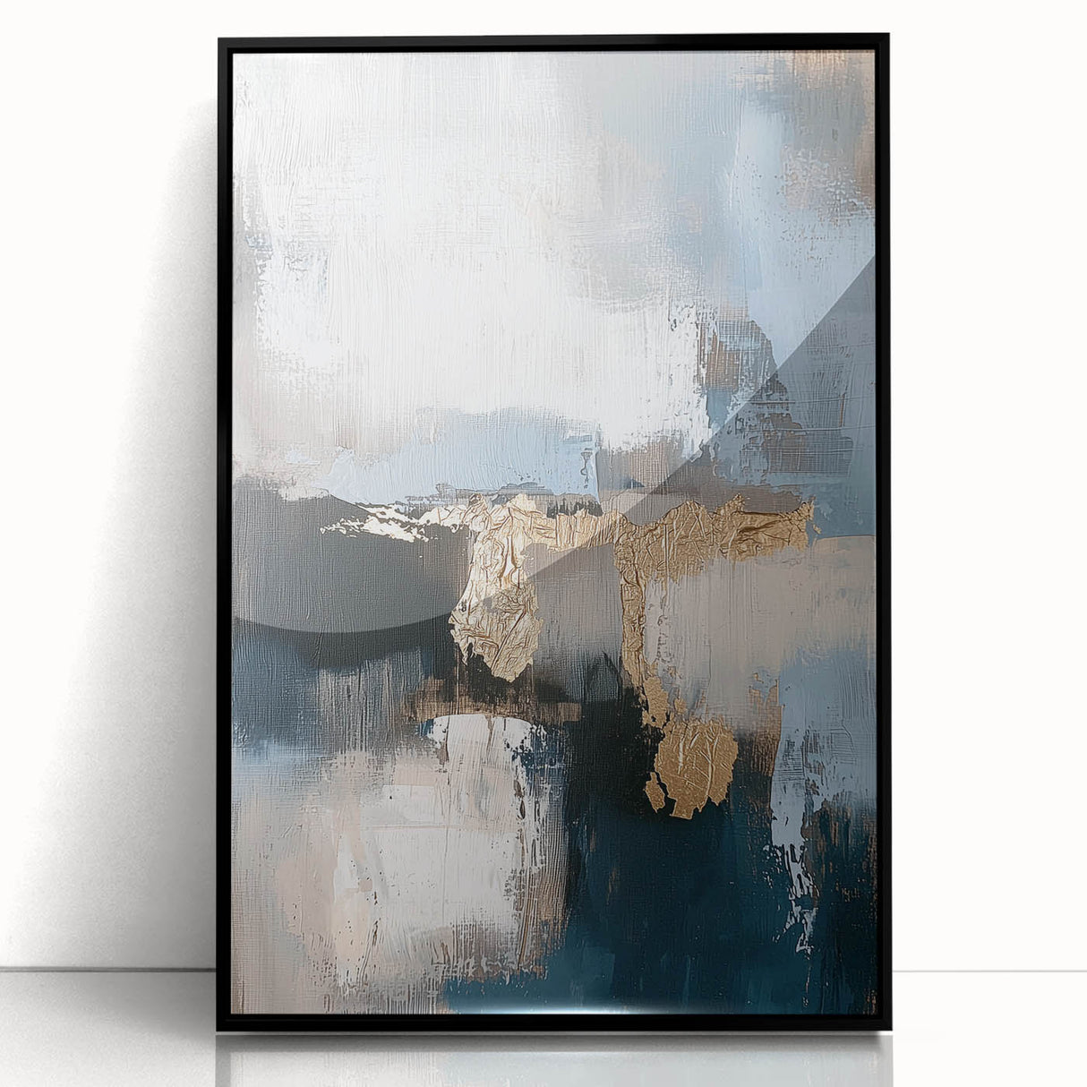 Framed minimalist abstract artwork with a sleek black acrylic front, showcasing soft geometric shapes and a subtle color palette, ideal for modern decor.