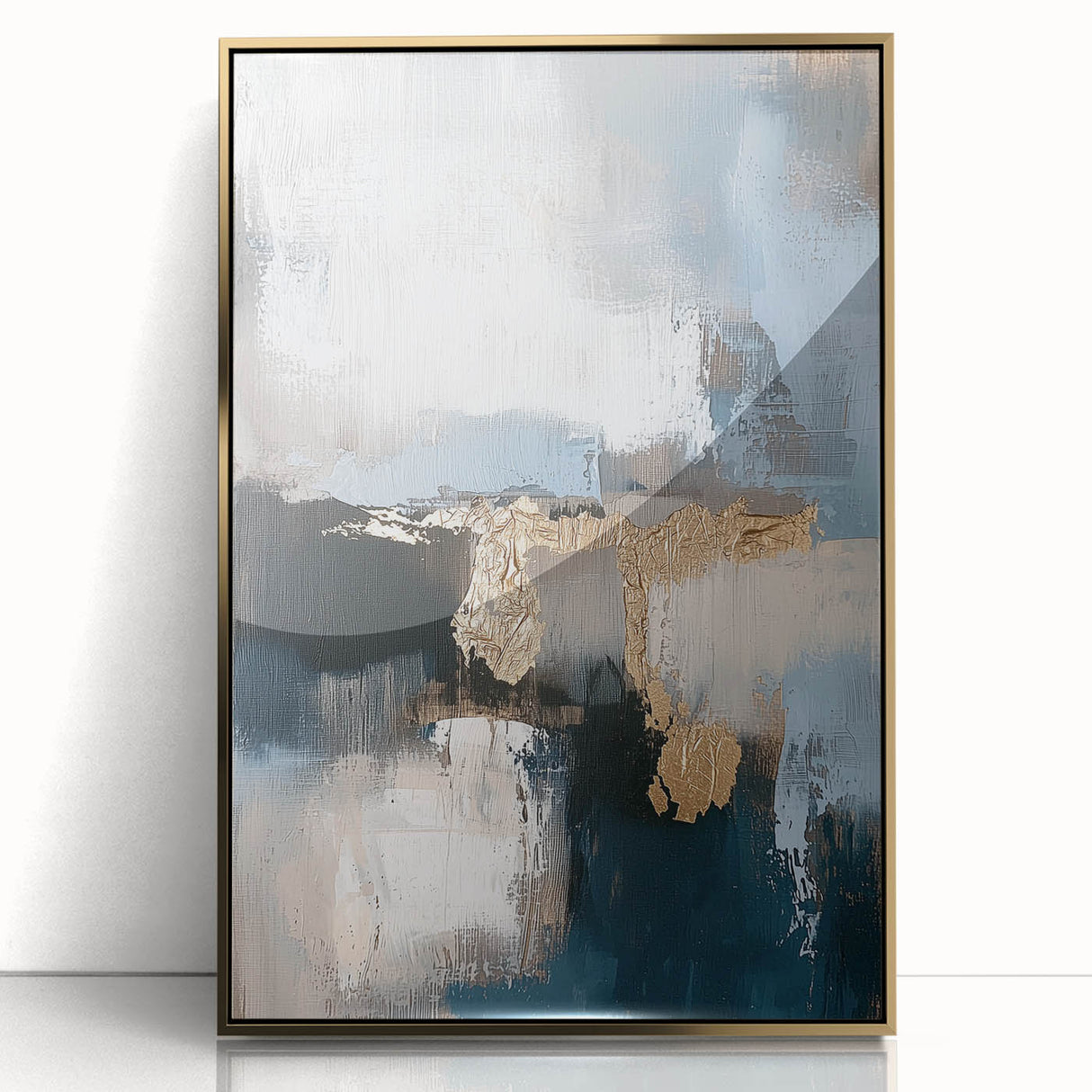 Framed minimalist abstract artwork featuring gold accents on an acrylic background, displayed from the front to highlight its sleek design and modern aesthetic.