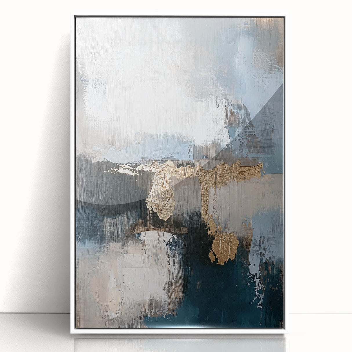 Framed acrylic artwork showcasing a minimalist abstract design in soft white tones, perfect for modern decor. Ideal for adding elegance to living spaces or offices.