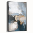 Abstract minimalist framed canvas art showcased in a sleek black frame, featuring geometric patterns in muted tones, perfect for modern home decor.