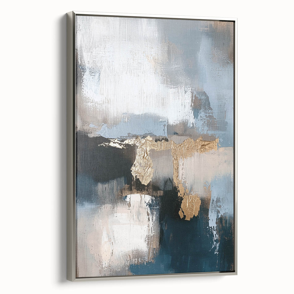 Framed minimalist abstract canvas art with a sleek silver frame, showcasing a blend of soft gray and white tones, perfect for modern home decor.